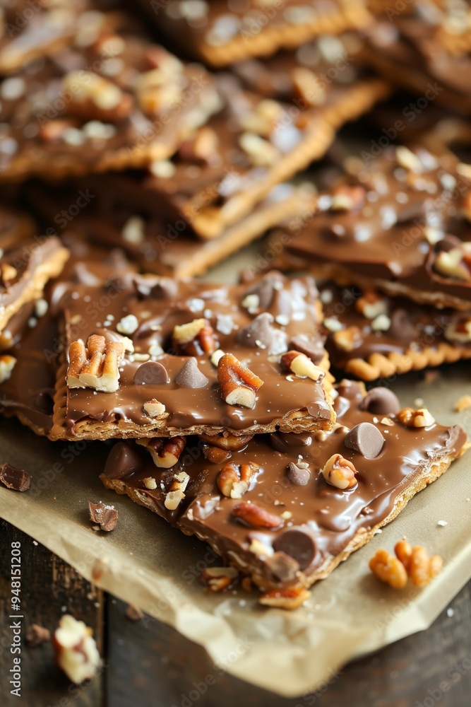 Delicious chocolate toffee bark topped with nuts served on a rustic wooden board during an afternoon gathering Delicious chocolate toffee bark topped with nuts served on a rustic wooden board during an afternoon gathering