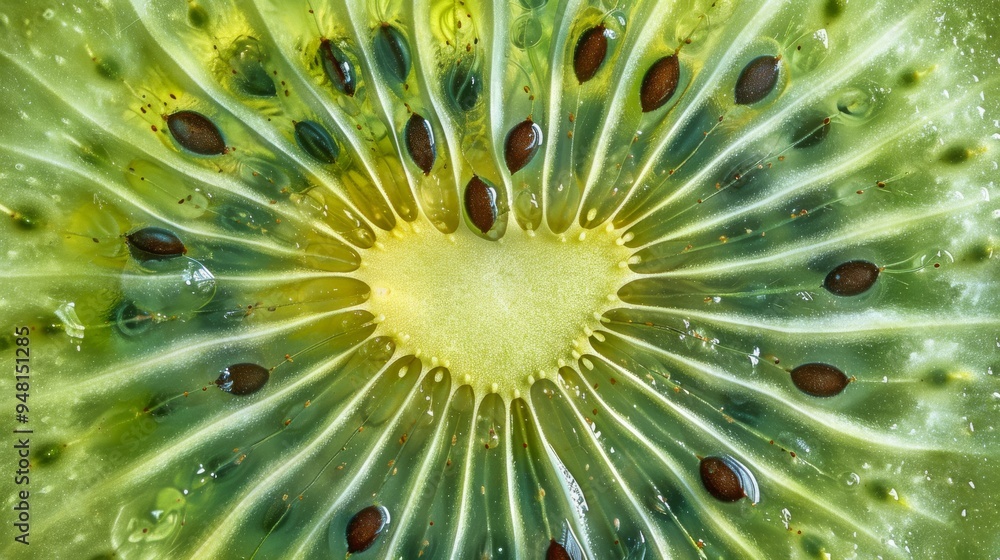 Kiwi fruit cross-section showcasing the intricate pattern of seeds