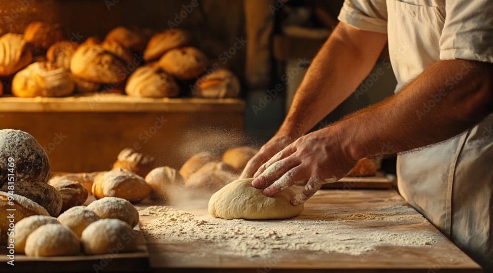 Artisan Baker Kneading Dough with Flour Dusting in Rustic Bakery Artisan Baker Kneading Dough with Flour Dusting in Rustic Bakery