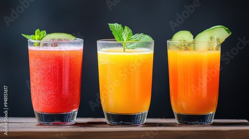 Three vibrant drinks served in clear glasses, showcasing fresh ingredients and colorful layers, perfect for summer refreshment.