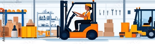 Happy Female Forklift Operator Working in Warehouse photo