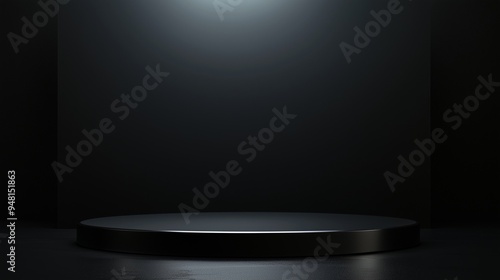 Black podium or pedestal display on dark background with long platform. blank product shelf standing backdrop. 3d rendering.