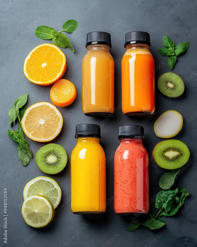 Vibrant assortment of fresh fruit juices in bottles, surrounded by citrus slices and mint leaves on a textured surface. Vibrant assortment of fresh fruit juices in bottles, surrounded by citrus slices and mint leaves on a textured surface.