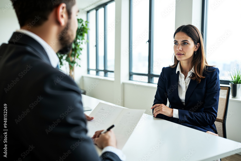 Confident Female Candidate Faces Male Interviewer in Modern Office: Perfect for Career Coaching and HR Materials Confident Female Candidate Faces Male Interviewer in Modern Office: Perfect for Career Coaching and HR Materials