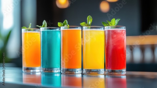 Vibrant colorful drinks lined up on a bar, showcasing refreshing flavors with mint garnishes in modern glassware.