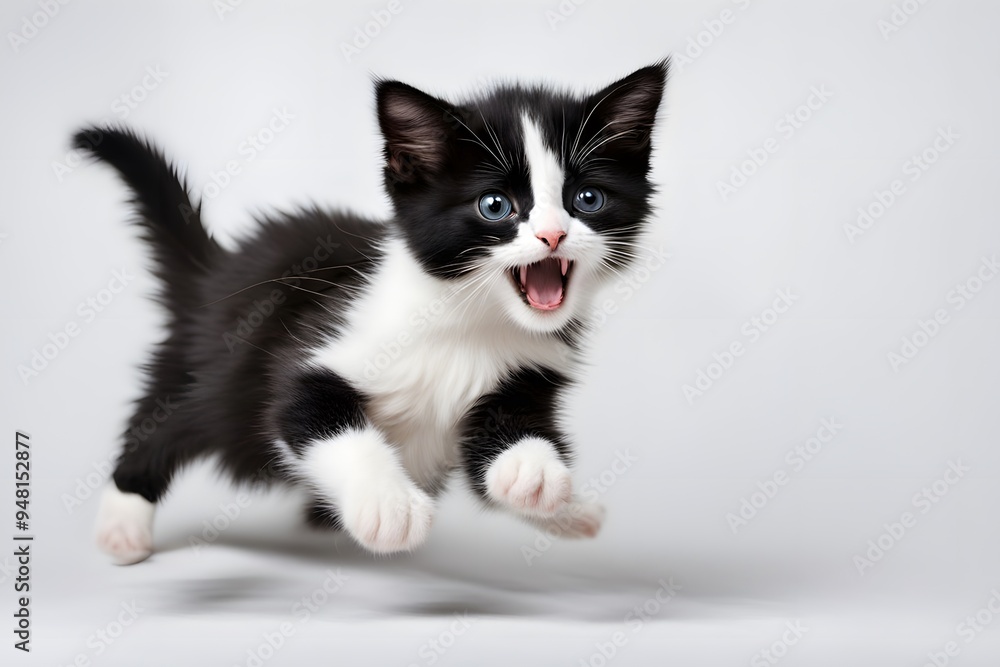 A playful tuxedo kitten with black and white fur pouncing on a white background, AI Generated A playful tuxedo kitten with black and white fur pouncing on a white background, AI Generated