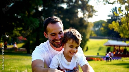 A father and his young son share a joyful moment in a sunny park, smiling and laughing together, capturing the warmth and happiness of their close bond.