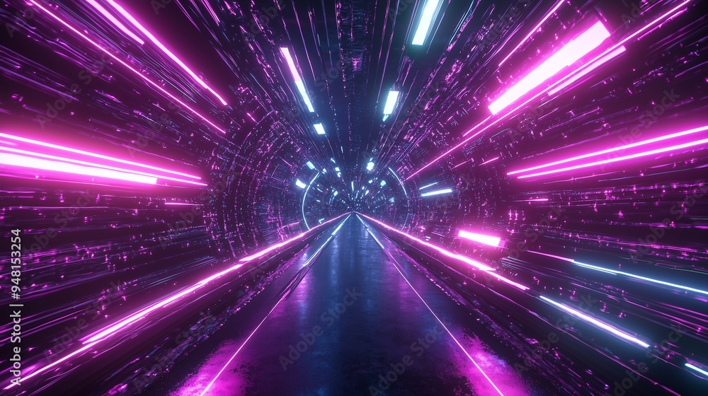 Abstract flight in retro neon hyper warp space in the tunnel 3d illustration. Abstract flight in retro neon hyper warp space in the tunnel 3d illustration.