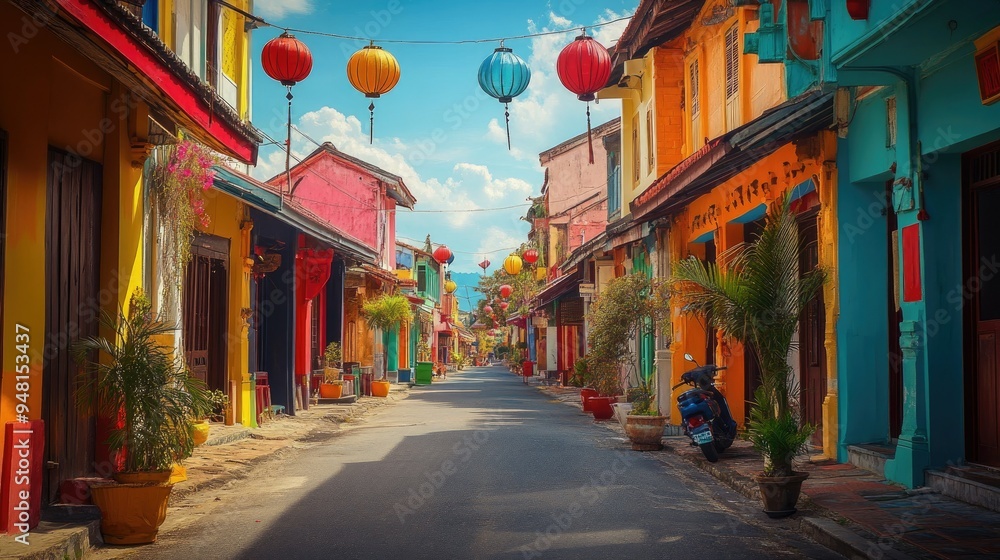 Naklejka premium Vibrant Southeast Asian street with colorful buildings and traditional architecture, cultural charm