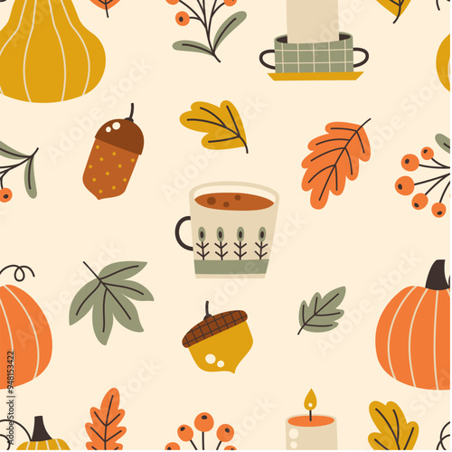 Autumn seamless pattern with cups, various leaves, plants and pumpkins. Vector illustration