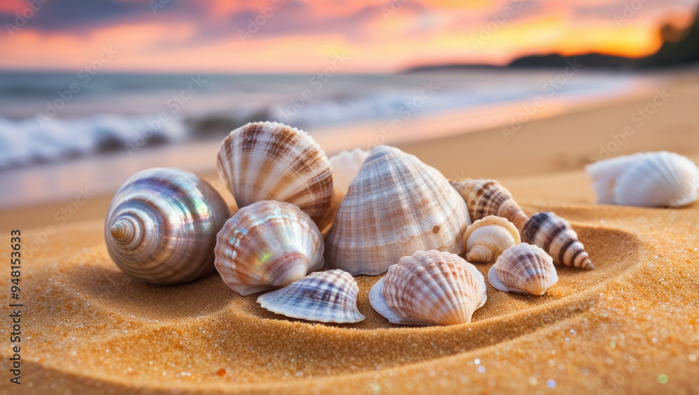 Charming shells scattered on the soft sand create an atmosphere of beach holiday and sea beauty. Ideal for summer themes Charming shells scattered on the soft sand create an atmosphere of beach holiday and sea beauty. Ideal for summer themes
