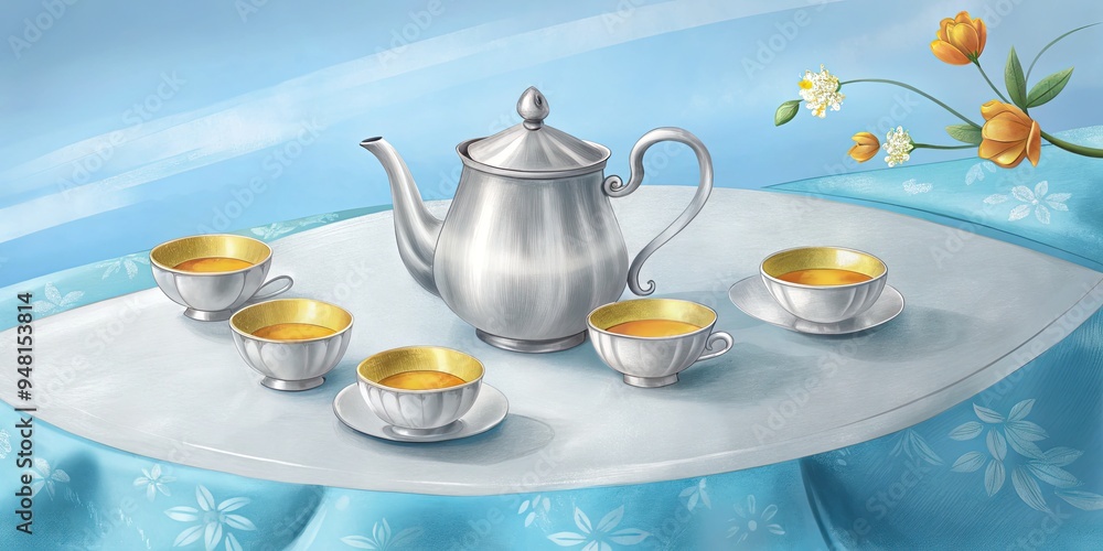 Fototapeta premium A silver tea set elegantly arranged with golden cups.