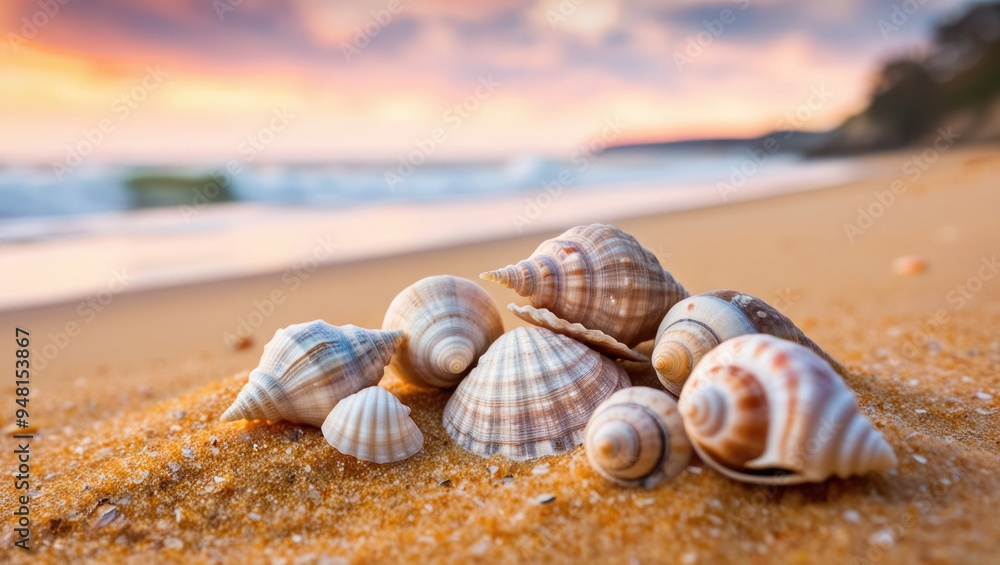 Charming shells scattered on the soft sand create an atmosphere of beach holiday and sea beauty. Ideal for summer themes Charming shells scattered on the soft sand create an atmosphere of beach holiday and sea beauty. Ideal for summer themes