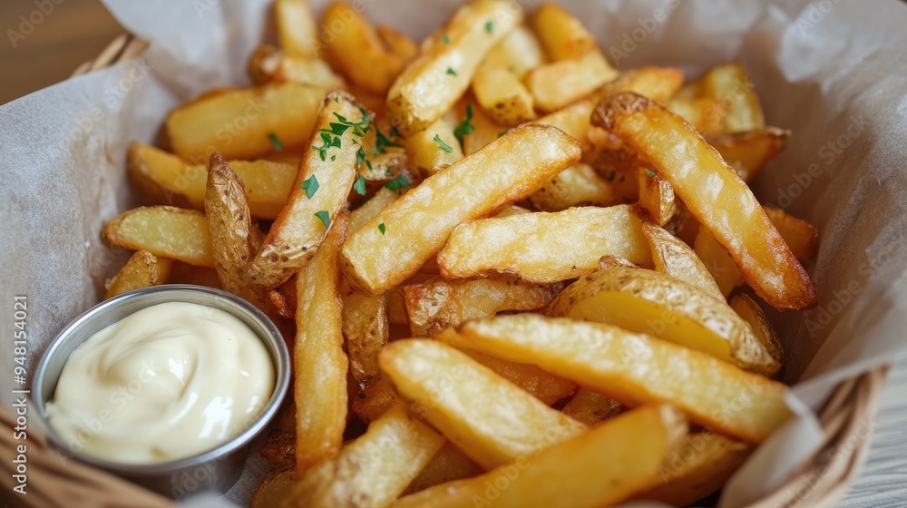 A basket filled with thick-cut potato fries, perfectly crispy and golden, accompanied by a small cup of mayonnaise. A basket filled with thick-cut potato fries, perfectly crispy and golden, accompanied by a small cup of mayonnaise.