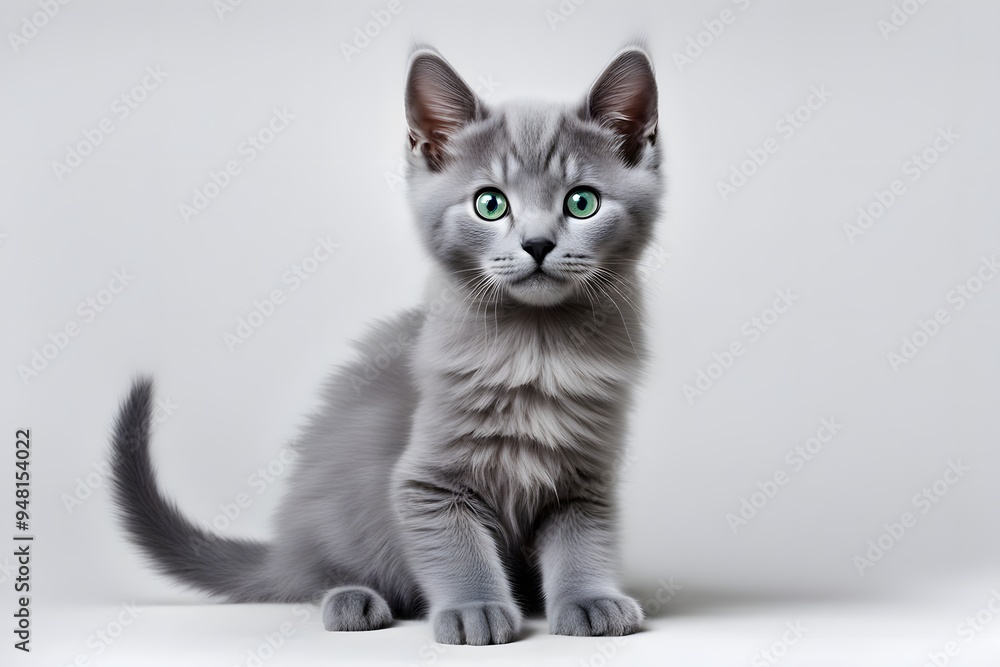 Fototapeta premium A regal russian blue kitten with silvery blue fur and green eyes sitting gracefully on a white back, AI Generated