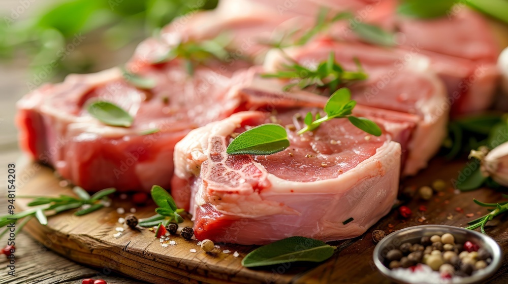 Raw pork chops arranged neatly on a wooden cutting board with fresh herbs and spices scattered around them. Raw pork chops arranged neatly on a wooden cutting board with fresh herbs and spices scattered around them.