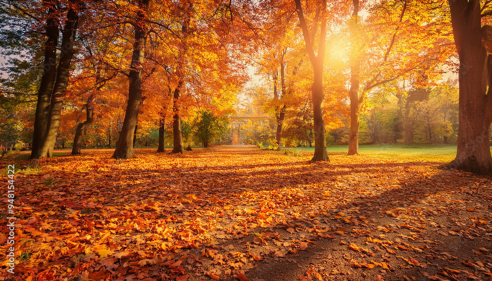 Fototapeta premium 秋の公園が映し出されています。地面は赤やオレンジ色の落ち葉で覆われ、木々からの柔らかな陽光が差し込んでいます。木々の影が長く伸び、温かみのある秋の風景が広がり、穏やかで静かな雰囲気が感じられます。generative AI