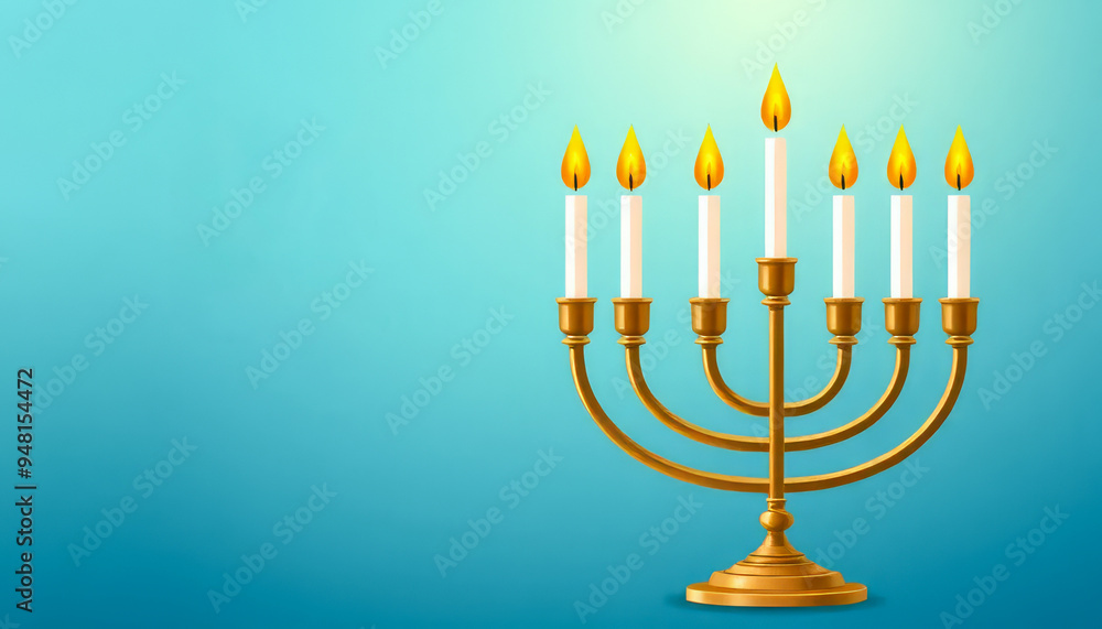 Golden menorah with lit candles on a gradient blue background. Golden menorah with lit candles on a gradient blue background.