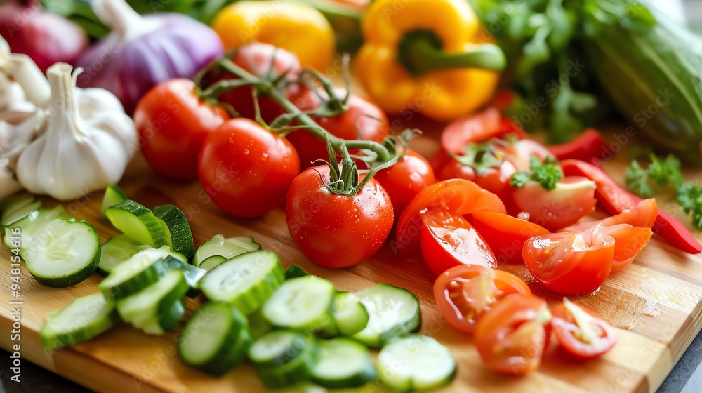 Fresh vegetables, including tomatoes, cucumbers, peppers, and garlic, on a wooden cutting board. Fresh vegetables, including tomatoes, cucumbers, peppers, and garlic, on a wooden cutting board.