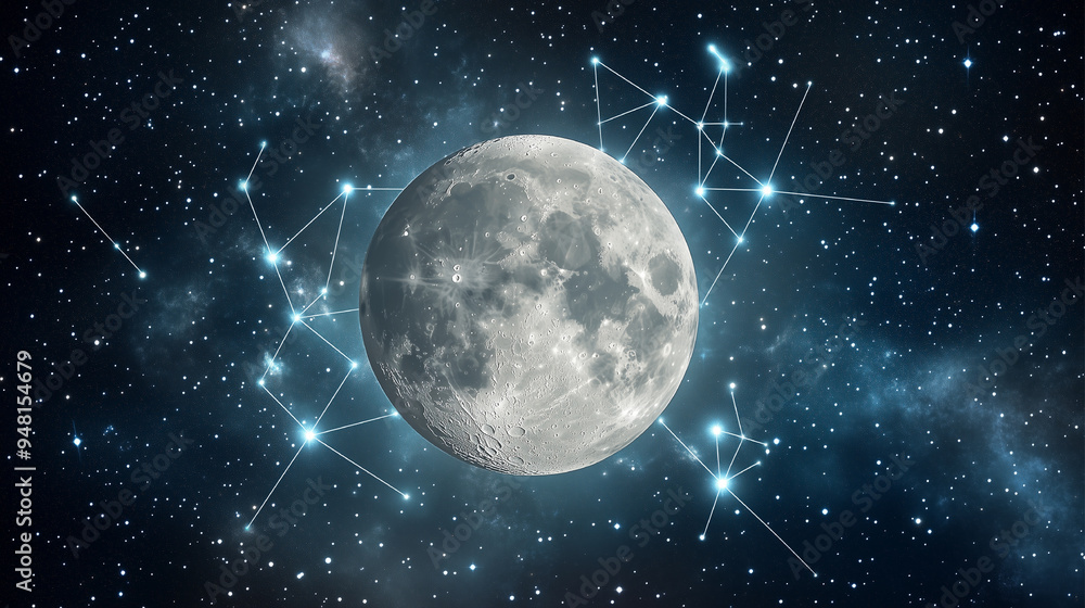 Fototapeta premium Blue moon surrounded by stars and constellations. Concept of wonder and awe at the vastness of the universe and the beauty of the night sky. astrology