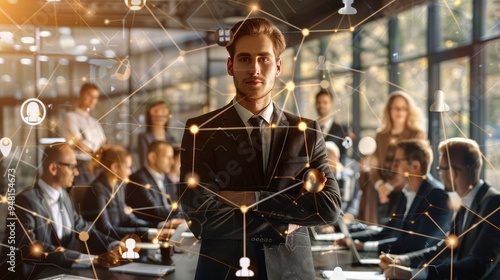 Business team and network of business people with glowing connection lines in office, double exposure effect. Human resources concept.