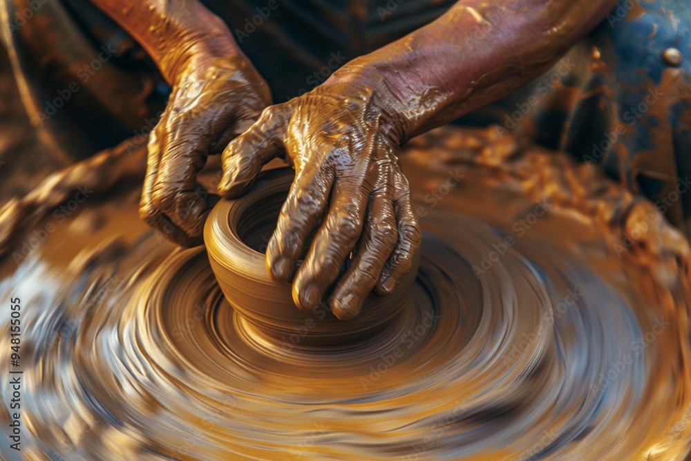 Potter's Hands Shaping Clay on a Spinning Wheel Potter's Hands Shaping Clay on a Spinning Wheel