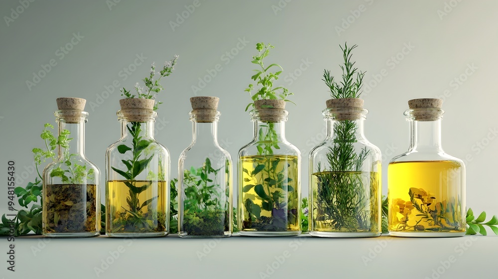 Organic Herb-Infused Oils in Bottles with Herbs 3D Organic Herb-Infused Oils in Bottles with Herbs 3D