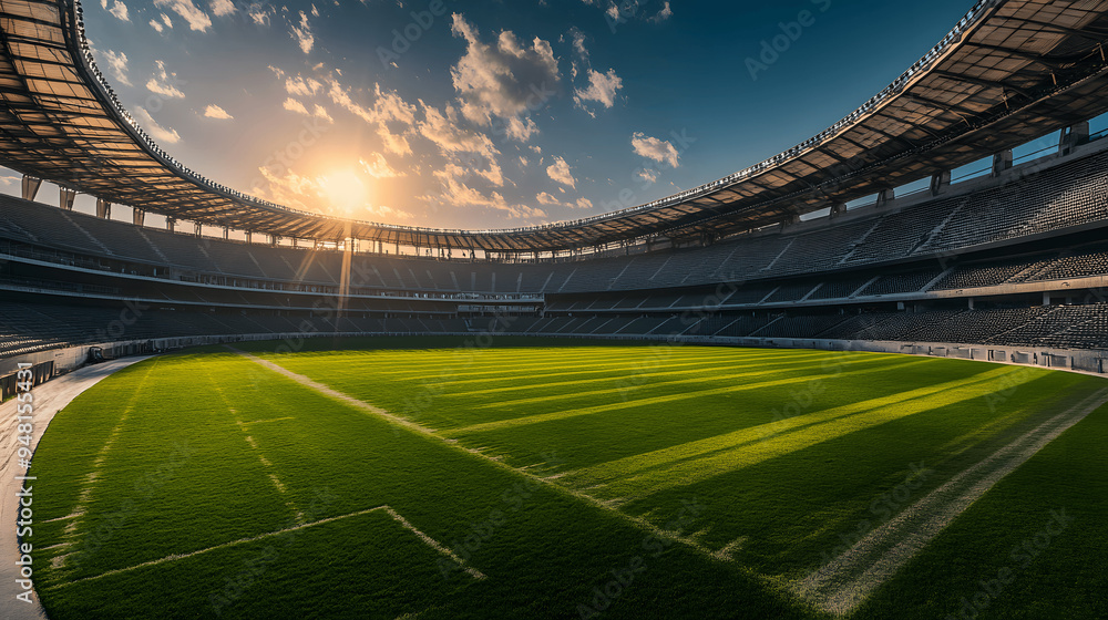 Large empty football stadium with green turf at sunset Large empty football stadium with green turf at sunset