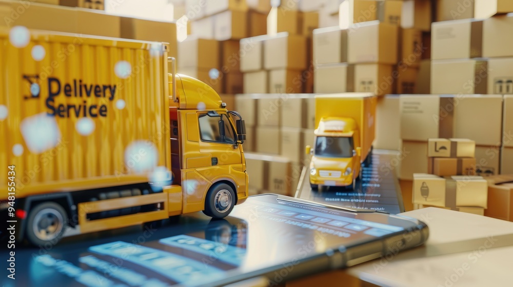 A yellow truck on top of an smartphone screen, while small brown cardboard boxes surround it, adding depth to the scene. A yellow truck on top of an smartphone screen, while small brown cardboard boxes surround it, adding depth to the scene.