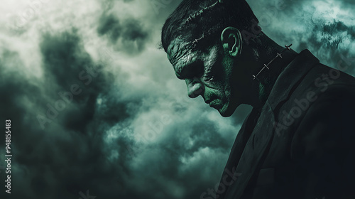 Man dressed as Frankenstein’s monster for Halloween with green makeup photo