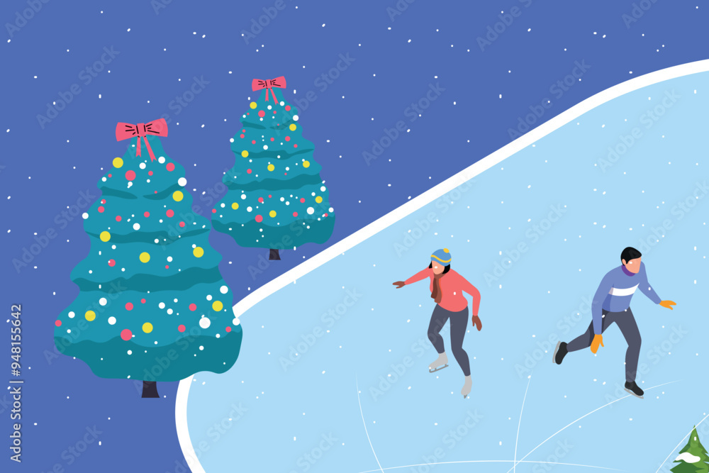 Boy and girl are ice skating. Boy and girl are ice skating.