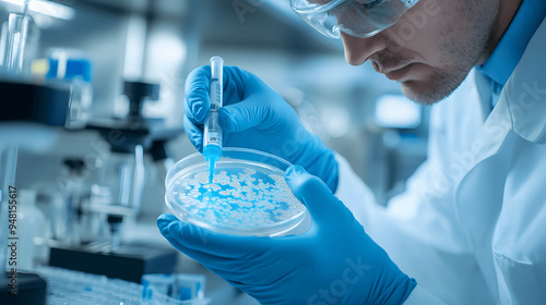 Scientist inspecting petri dish with bacteria samples in sterile lab