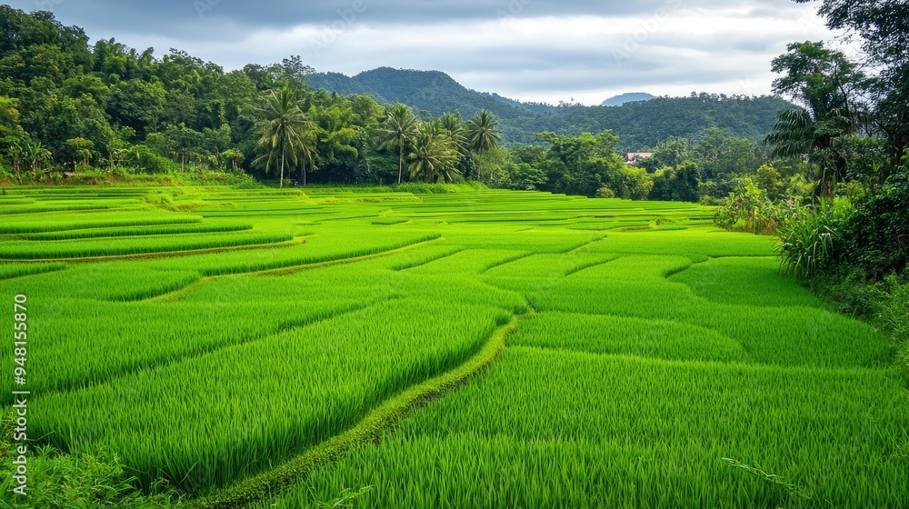 Fototapeta premium Lush Southeast Asian rice field with neatly arranged paddies, green and serene landscape