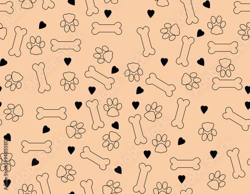 Seamless reaping hollow dogs paw and bones pattern with black hearts on light pink background. children's texture with cute dogs. simple pet dogs vector illustration