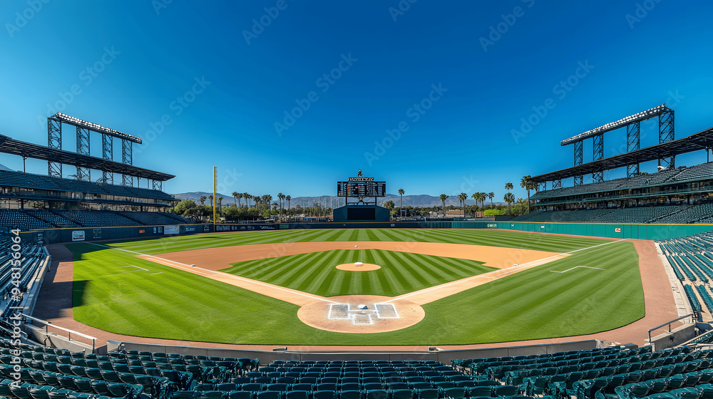 Obraz premium Empty baseball stadium with maintained field and large scoreboard