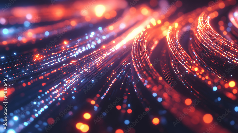 Close-up of fiber optic cable with glowing strands in futuristic network Close-up of fiber optic cable with glowing strands in futuristic network