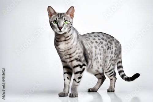 A sleek egyptian mau cat with a silver spotted coat and green eyes standing proudly on a white back, AI Generated photo