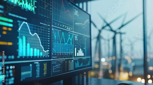 A wind turbine with graphs and charts on the screen behind it, representing green energy market data in an urban setting. 