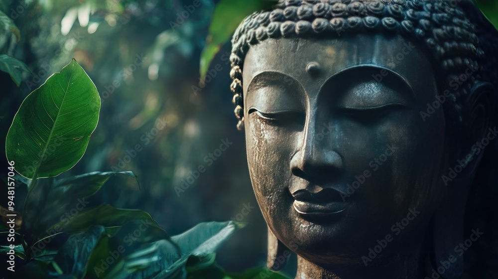 Majestic Southeast Asian Buddha statue surrounded by lush greenery, spiritual and serene ) Majestic Southeast Asian Buddha statue surrounded by lush greenery, spiritual and serene )