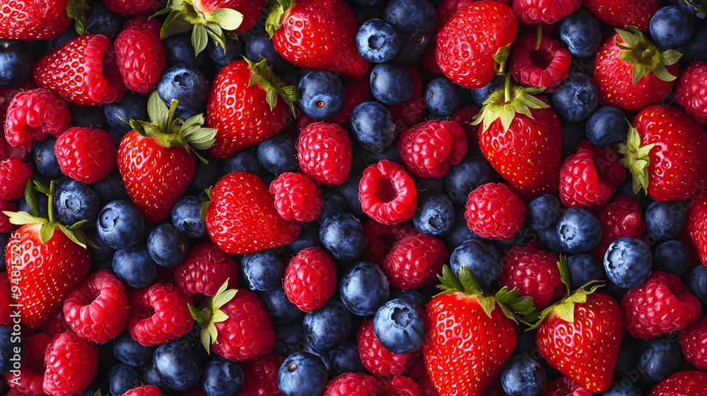 Full screen top view of assorted berries with vibrant colors and textures Full screen top view of assorted berries with vibrant colors and textures