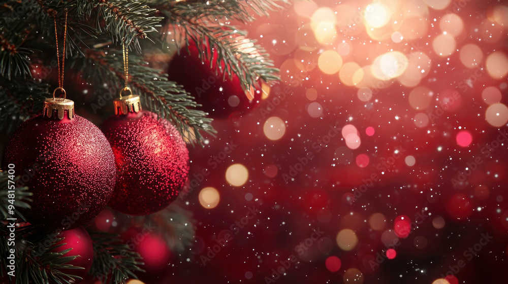 Obraz premium Beautifully decorated Christmas tree adorned with red baubles, twinkling lights and falling snowflakes creates a festive atmosphere during the holiday season. banner with space for text