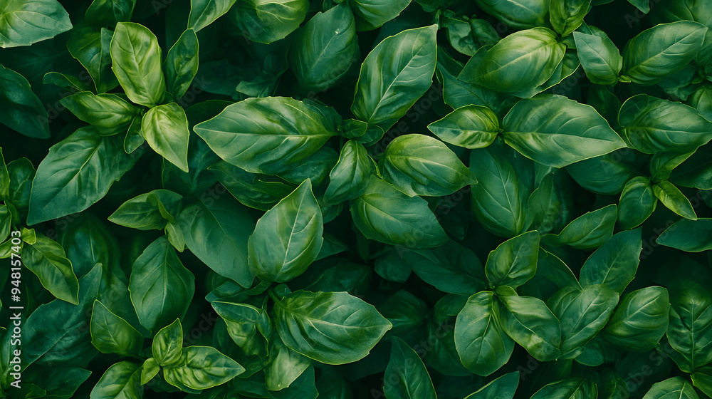 Full screen top view of fresh basil leaves with detailed texture and veining Full screen top view of fresh basil leaves with detailed texture and veining