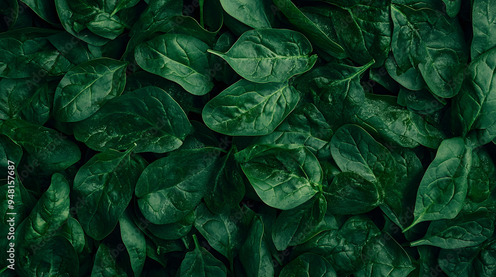 Fototapeta premium Full screen top view of fresh spinach leaves with natural veining and texture