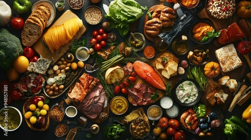 A collage of assorted food products, including fresh ingredients and prepared dishes, displayed in a dynamic composition.