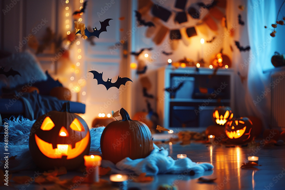 Spooky Halloween Decor with Jack-O'-Lanterns and Bats Spooky Halloween Decor with Jack-O'-Lanterns and Bats