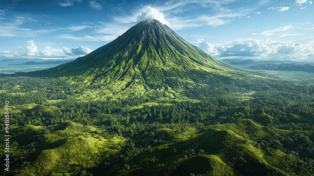 Fototapeta premium Majestic Southeast Asian volcano with a lush green base, towering over the landscape