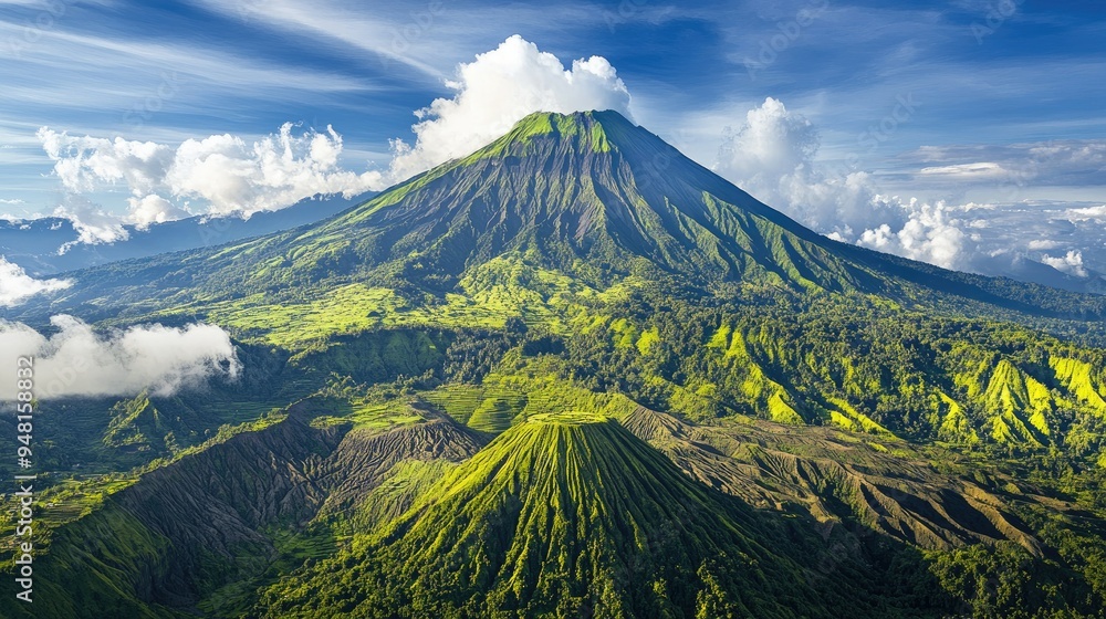 Fototapeta premium Majestic Southeast Asian volcano with a lush green base, towering over the landscape, no people