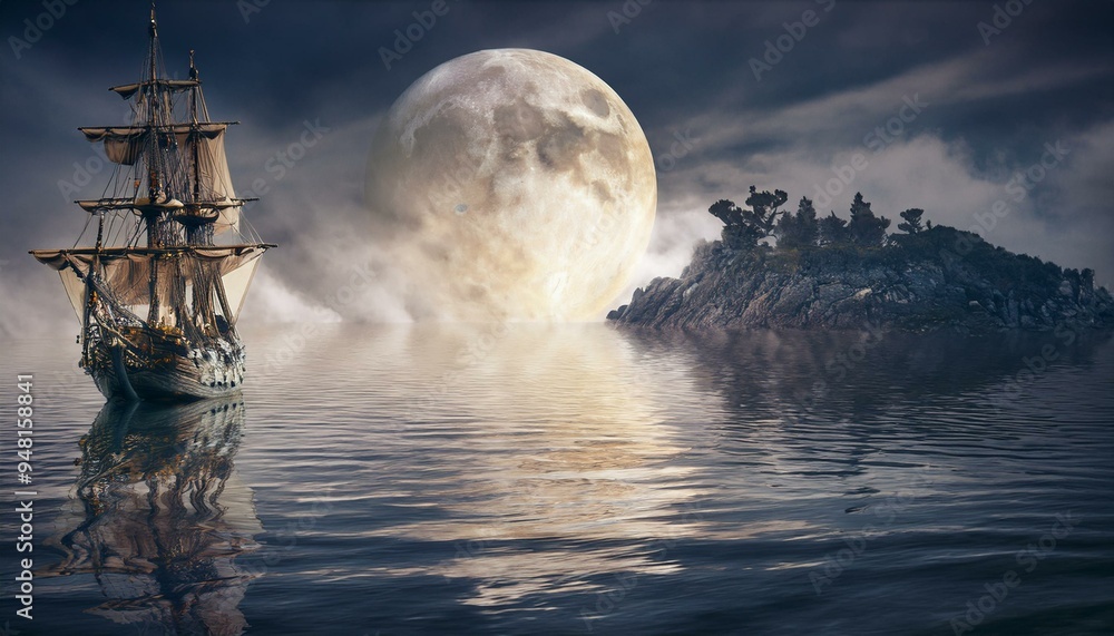 Obraz premium galeón pirata de 1750 con velas negras y cañones dorados en una noche de luna llena y niebla