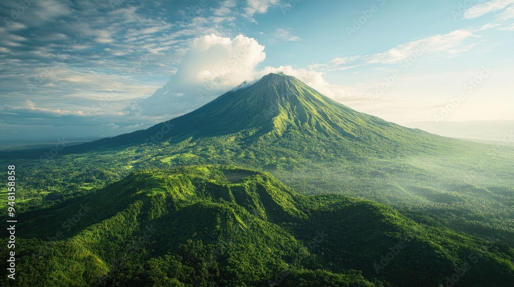 Majestic Southeast Asian volcano with a lush green base, towering over the landscape Majestic Southeast Asian volcano with a lush green base, towering over the landscape