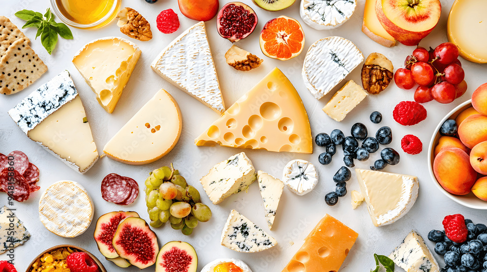 Overhead view of assorted cheeses with fruit including cheddar, brie, gouda, and blue cheese Overhead view of assorted cheeses with fruit including cheddar, brie, gouda, and blue cheese